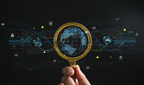 Cloud big data under magnifying glass, symbolizing digital network connection and modern communication. Innovative online backup with secure protection. Conveying the concept of cloud computing.