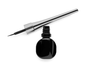 Black eyeliner on white background, top view. Makeup product