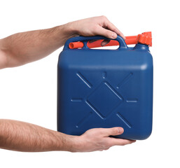 Man holding blue canister on white background, closeup