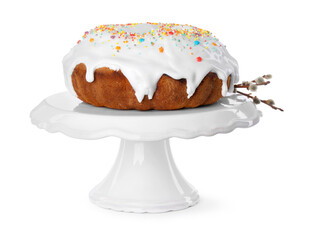 Easter cake with sprinkles and willow branches isolated on white