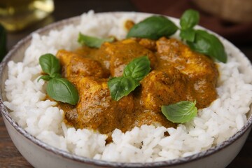 Delicious rice and chicken with curry sauce in bowl, closeup