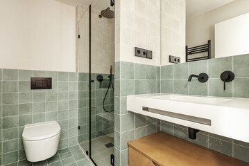 Bathroom of a house with contemporary decoration of small green tiles,