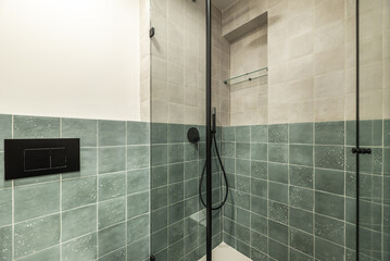 Spacious shower with green and cream tiles, black trim partitions, cabinet with glass