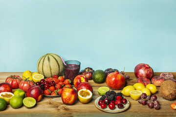 Still life of ripe fruit with plums, nectarines, paraguayans