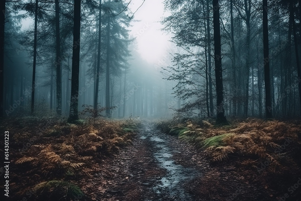 Poster fog in the forest with ai-generated images