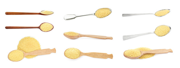 Collage with raw couscous and spoons on white background
