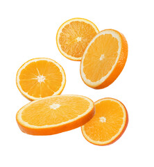 Juicy orange slices flying on white background