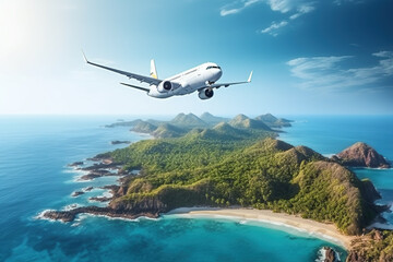 Fototapeta na wymiar Airplane is flying over islands and tropical coastline. Landscape with white passenger aircraft