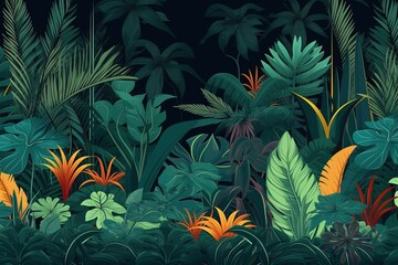 Naklejka na ściany i meble Tropical background with jungle plants and flowers. Vector illustration with AI-Generated Images.
