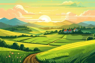 Foto op Plexiglas Beautiful summer landscape with hills and meadows. Vector illustration with AI-Generated Images. © kiimoshi