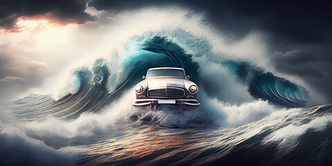 The car drives ashore from the waves of the raging sea. Generative AI