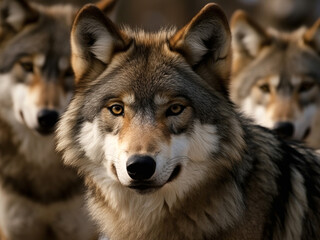 Portrait of a wolf against the background of other wolves, close-up. Generative AI