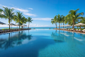 Fototapeta na wymiar Enjoy the ocean view in a pool with clear clean water under palm trees on vacation, AI generative travel background