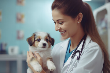 Veterinarian, female animal doctor or nurse checking a puppy god at a vet clinic. Generative AI image.