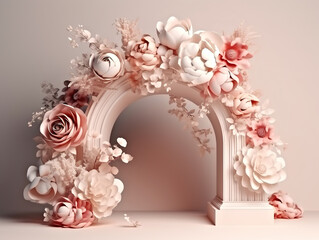 Arch mockup, stage, pedestal or product display with flowers. Off white and creame, monochromatic colors, generative AI.