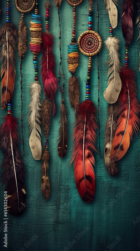 Poster a group of feathers hanging on a wall. generative ai.