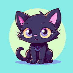 Cute kitten, kawaii anime, black cat, magical Halloween, pet animal, flat vector, illustration clipart, children's design, witchcraft theme, Halloween witch, enchanting kitten, playful pet, vector art