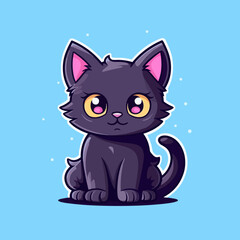  Black magical halloween witch kitten Cat.  Pet domestic Animal. Flat vector illustration clipart for children