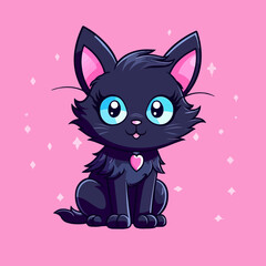 Black magical halloween witch kitten Cat.  Pet domestic Animal. Flat vector illustration clipart for children