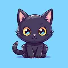  Black magical halloween witch kitten Cat.  Pet domestic Animal. Flat vector illustration clipart for children
