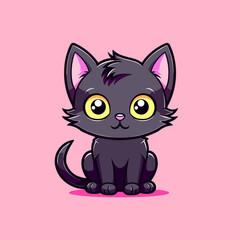  Black magical halloween witch kitten Cat.  Pet domestic Animal. Flat vector illustration clipart for children