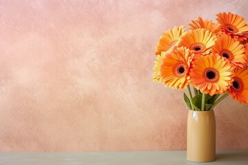 A vase filled with orange gerbera flowers on a table. Generative AI. Copy space, place for text, copyspace.