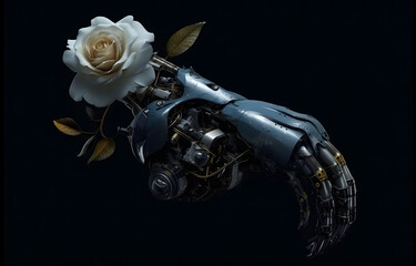 a robot with a white rose on a black background Generative AI