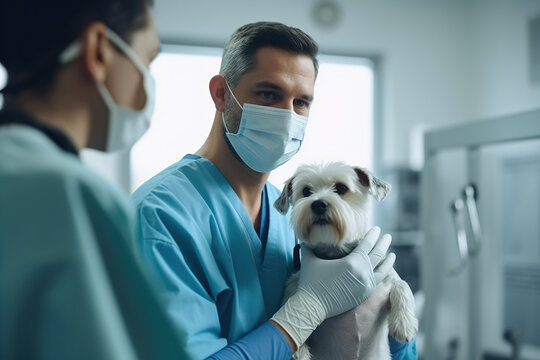 Veterinarian, an animal doctor checking a dog, a bulldog at a vet clinic, AI generative image.
