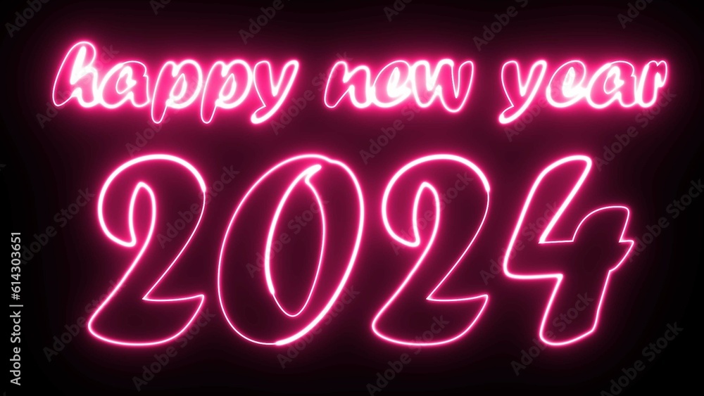 Aufkleber happy new year 2024 text font with light. luminous and shimmering haze inside the letters of the tex