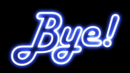 Bye electric blue lighting text with  on black background, 3D Rendering. Bye text word.