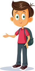 Student with School Bag Presenting with Hand Gesture Vector Illustration. Cute schoolboy advertising an offer sale 
