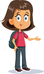 Child with School Bag Presenting with Hand Gesture Vector Illustration. Cute and adorable schoolgirl advertising a sale offer 
