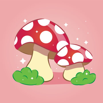 Kawaii style fantasy red mushrooms with white dots