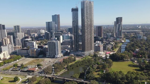 Aerial drone view of Parramatta CBD in Greater Western Sydney, NSW, Australia showing development of the city as at June 2023