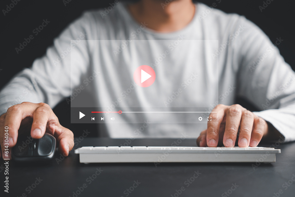 Poster immerse yourself in the online world of entertainment and education with a man utilizing a computer 