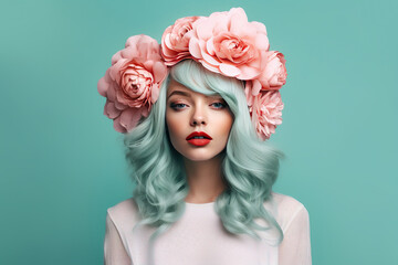 Portrait of a beautiful woman with flowers in her hair, against pastel teal background. Spring, hair, youth, fashion. Ai generative. Illustration