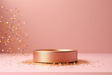 Product presentation mock-up. Pink and golden podium with confetti and copy space. Stage, display, showroom. Generative AI.