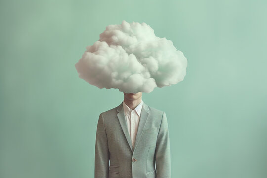 Illustration of man with head in the cloud. Depression, loneliness and mental health concept. Surreal. Ai generative