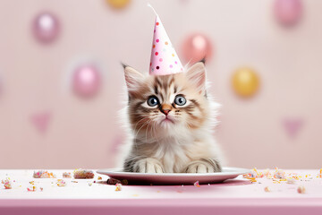 Cute kitten and birthday cake. Cat birthday party. Ai generative
