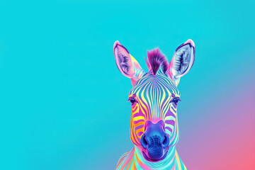 Colorful zebra against blue background, with copy space. Stand out concept, be different. Ai generative.