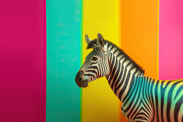 Zebra against colorful stripes background, with copy space. Stand out, paint some color. Ai generative