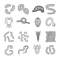 Parasites flat line icons set. Intestinal worm, worm, sandfly, flea, tick, leech, qiardia, dengue mosquito illustration.