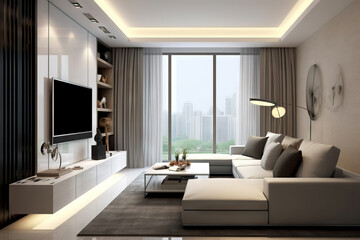 modern living room in a building with a city view