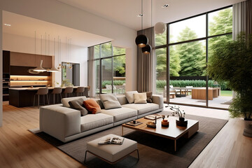 big modern living room with high ceilings and a integrated kitchen
