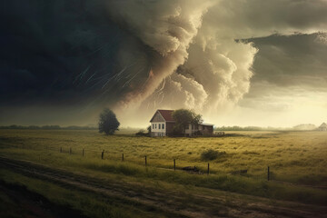 Fototapeta na wymiar Tornado forming destruction over a populated landscape with a house on it's way