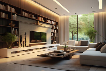 big modern living room early morning natural light. high ceilings and tall windows