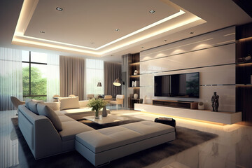 big modern living room with a warm light