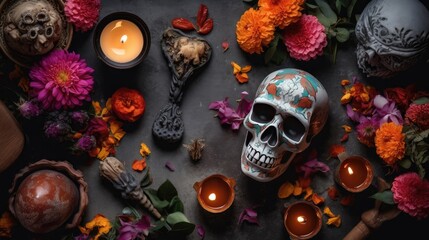 Top View Day of the Dead banner concept design of skulls, candles and flowers on black background