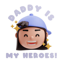 3d rendering cute avatar boy illustration with inscription, daddy is my heroes wearing purple hat