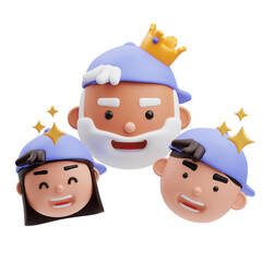 3d rendering of cute illustration of 3 avatars of father, son and daughter of the same color